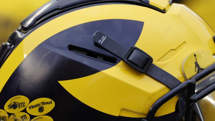 Apr 1, 2023; Ann Arbor, MI, USA;   Michigan Wolverines helmet on the sideline during the Spring Game at Michigan Stadium. Mandatory Credit: Rick Osentoski-USA TODAY Sports