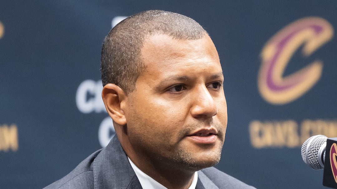 Cleveland Cavaliers general manager Koby Altman talks to the media during media day.