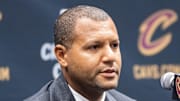 Cleveland Cavaliers general manager Koby Altman talks to the media during media day.