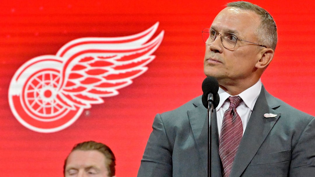 Jul 7, 2022; Montreal, Quebec, CANADA; Detroit Red Wings general manager Steve Yzerman announces Marco Kasper (not pictured) as the number eight overall pick to the Detroit Red Wings in the first round of the 2022 NHL Draft at Bell Centre. Mandatory Credit: Eric Bolte-Imagn Images
