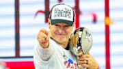 Dec 6, 2025; Arlington, TX, USA; Texas Tech Red Raiders head coach Joey McGuire celebrates with the Big 12 Championship trophy after the game against the BYU Cougars at AT&T Stadium