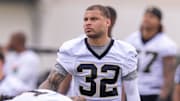 Jun 10, 2025; New Orleans, LA, USA;  New Orleans Saints safety Tyrann Mathieu (32) looks on during minicamp at Ochsner Sports Performance Center. Mandatory Credit: Stephen Lew-Imagn Images
