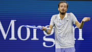 Daniil Medvedev gestures after losing a point against Benjamin Bonzi at the 2025 US Open.