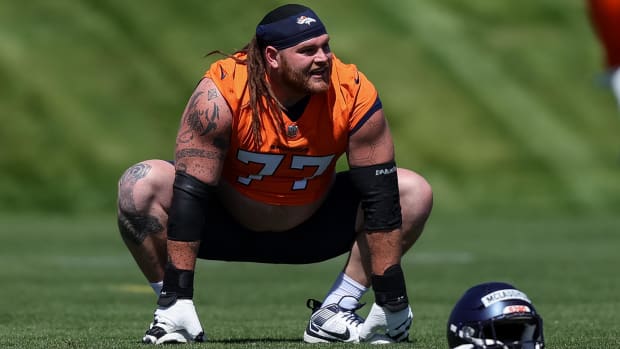 Denver Broncos guard Quinn Meinerz (77) during organized team activities at Centura Health Training Center. 