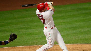 May 4, 2021; Anaheim, California, USA; Los Angeles Angels center fielder Mike Trout (27) hits a solo