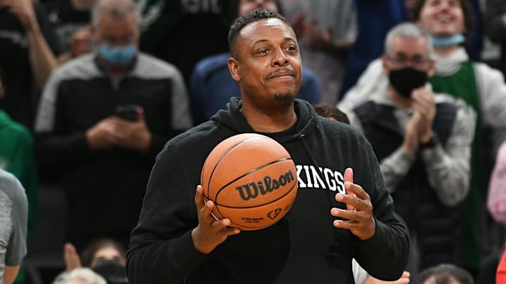 Oct 22, 2021; Boston, Massachusetts, USA; Former Boston Celtics player Paul Pierce carries the game ball before a game against the Toronto Raptors at the TD Garden. Mandatory Credit: Brian Fluharty-Imagn Images