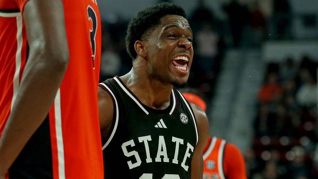 Mississippi State Bulldogs guard Josh Hubbard (12) reacts during the final seconds of the second half against the Auburn Tigers at Humphrey Coliseum.