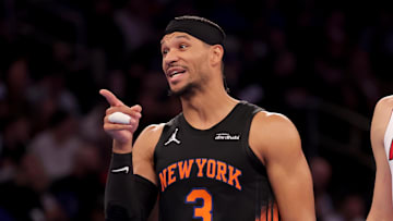 Nov 14, 2025; New York, New York, USA; New York Knicks guard Josh Hart (3) reacts during the first quarter against Miami Heat forward Jaime Jaquez Jr. (11) at Madison Square Garden. Mandatory Credit: Brad Penner-Imagn Images