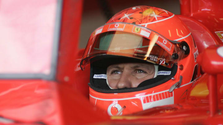 June 17, 2005; Indianapolis, IN, USA; Michael Schumacher #1 of Scuderia Ferrari Marlboro watches the scoring monitor while sitting in the cockpit of his car during the second practice session for the United States Grand Prix on Friday June 17, 2005 at the Indianpolis Motor Speedway. Mandatory Credit: Photo By Jeff Hanisch-USA TODAY Sports Copyright (c) 2005 Jeff Hanisch