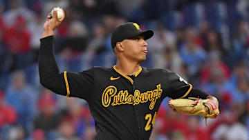 Sep 27, 2023; Philadelphia, Pennsylvania, USA; Pittsburgh Pirates starting pitcher Johan Oviedo (24) throws a pitch during the second inning against the Philadelphia Phillies at Citizens Bank Park. Mandatory Credit: Eric Hartline-Imagn Images
