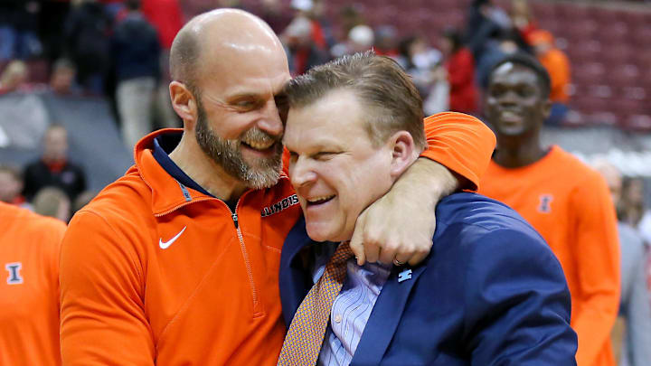 Feb 14, 2019; Columbus, OH, USA; Illinois Fighting Illini head coach Brad Underwood (right) gets a hug from Athletic Director Josh Whitman after defeating the Ohio State Buckeyes.