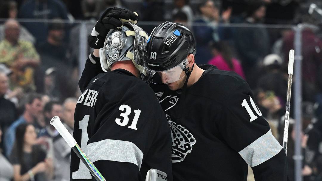 Feb 28, 2026; Los Angeles, California, USA; Los Angeles Kings right wing Corey Perry (10) embraces Los Angeles Kings goaltender Anton Forsberg (31) after the game against the Calgary Flames at Crypto.com Arena. Mandatory Credit: Griffin Hooper-Imagn Images