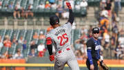 Jul 26, 2024; Detroit, Michigan, USA; Minnesota Twins outfielder Byron Buxton (25) celebrates after scoring a home run in the first inning against the Detroit Tigers at Comerica Park.