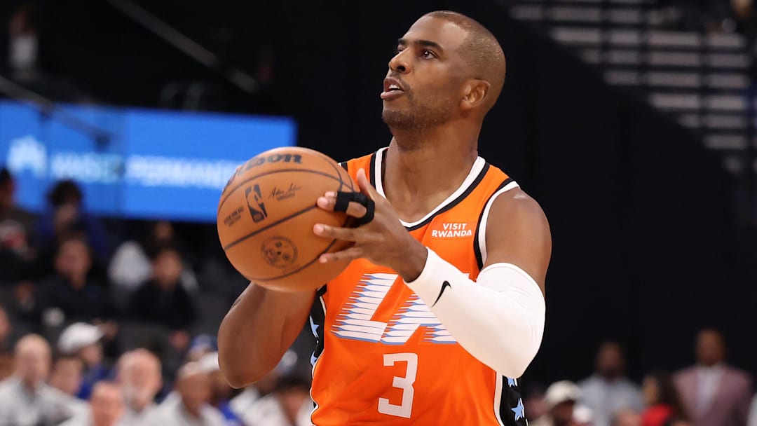 Nov 29, 2025; Inglewood, California, USA;  Los Angeles Clippers guard Chris Paul (3) looks to shoot during the second quarter against the Dallas Mavericks at Intuit Dome. Mandatory Credit: Kiyoshi Mio-Imagn Images