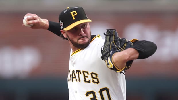 National League pitcher Paul Skenes of the Pittsburgh Pirates pitches in the first inning during the 2025 MLB All Star Game.