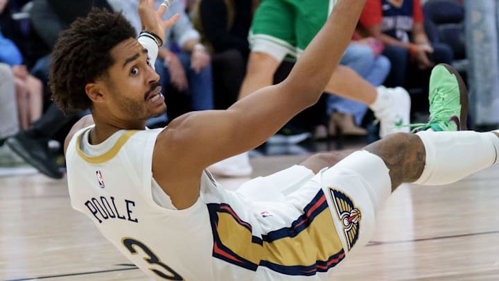 Oct 27, 2025; New Orleans, Louisiana, USA; New Orleans Pelicans guard Jordan Poole (3) reacts after a being knocked down against the Boston Celtics during the first half at Smoothie King Center. Mandatory Credit: Matthew Hinton-Imagn Images