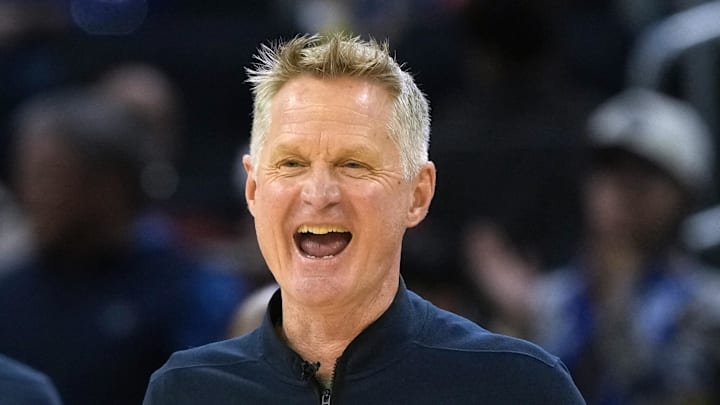 Dec 25, 2025; San Francisco, California, USA; Golden State Warriors head coach Steve Kerr reacts during the fourth quarter against the Dallas Mavericks at Chase Center. Mandatory Credit: Darren Yamashita-Imagn Images