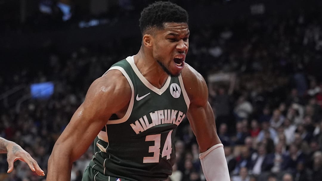 Nov 4, 2025; Toronto, Ontario, CAN; Milwaukee Bucks forward Giannis Antetokounmpo (34) reacts after making a basket against the Toronto Raptors during the first half at Scotiabank Arena. Mandatory Credit: John E. Sokolowski-Imagn Images Nov 4, 2025; Toronto, Ontario, CAN; Milwaukee Bucks forward Giannis Antetokounmpo (34) reacts after making a basket against the Toronto Raptors during the first half at Scotiabank Arena. Mandatory Credit: John E. Sokolowski-Imagn Images