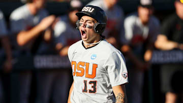 Oregon State infielder Aiva Arquette (13) reacts while crossing home plate in game 2 of the NCAA Super Regional against Florida State at Goss Stadium on Saturday, June 7, 2025 in Corvallis.