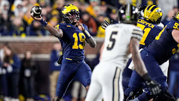 Michigan quarterback Bryce Underwood (19) makes a pass against Purdue during the second half at Michigan Stadium in Ann Arbor on Saturday, November 1, 2025.