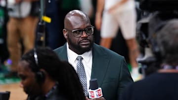 Jun 6, 2024; Boston, Massachusetts, USA; Shaquille O'Neal looks on before the game between the Boston Celtics and the Dallas Mavericks in game one of the 2024 NBA Finals at TD Garden. Mandatory Credit: David Butler II-Imagn Images