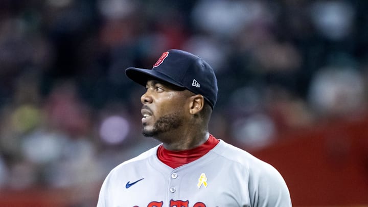 Sep 7, 2025; Phoenix, Arizona, USA; Boston Red Sox pitcher Aroldis Chapman in the ninth inning against the Arizona Diamondbacks at Chase Field. Mandatory Credit: Mark J. Rebilas-Imagn Images