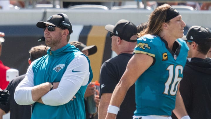 Jaguars Head Coach Liam Coen reacts to Jacksonville Jaguars quarterback Trevor Lawrence (16) interceptions pass during the fourth quarter between the Houston Texans and the Jacksonville Jaguars Sunday September 21, 2025 at EverBank Stadium in Jacksonville, Fla. The Jaguars defeated the Texans 17-10. [Doug Engle/Florida Times-Union]