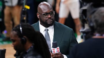 Jun 6, 2024; Boston, Massachusetts, USA; Shaquille O'Neal looks on before the game between the Boston Celtics and the Dallas Mavericks in game one of the 2024 NBA Finals at TD Garden. Mandatory Credit: David Butler II-Imagn Images