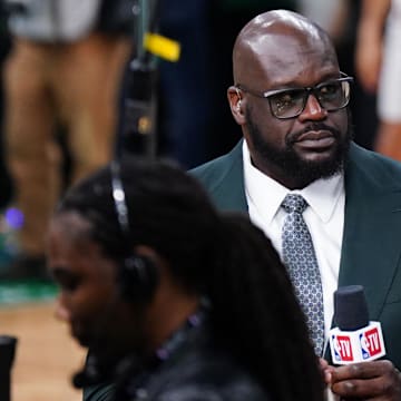 Jun 6, 2024; Boston, Massachusetts, USA; Shaquille O'Neal looks on before the game between the Boston Celtics and the Dallas Mavericks in game one of the 2024 NBA Finals at TD Garden. Mandatory Credit: David Butler II-Imagn Images