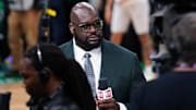 Jun 6, 2024; Boston, Massachusetts, USA; Shaquille O'Neal looks on before the game between the Boston Celtics and the Dallas Mavericks in game one of the 2024 NBA Finals at TD Garden. 