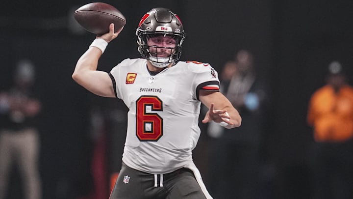 Oct 3, 2024; Atlanta, Georgia, USA; Tampa Bay Buccaneers quarterback Baker Mayfield (6) passes against the Atlanta Falcons during the first quarter at Mercedes-Benz Stadium. Mandatory Credit: Dale Zanine-Imagn Images