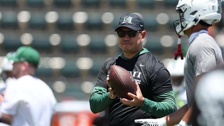 Aug 23, 2025; Honolulu, Hawaii, USA; Hawaii Rainbow Warriors head coach Timmy Chang is seen on the field before an NCAA college football game against the Stanford Cardinal at Clarence T.C. Ching Athletics Complex. Mandatory Credit: Marco Garcia-Imagn Images