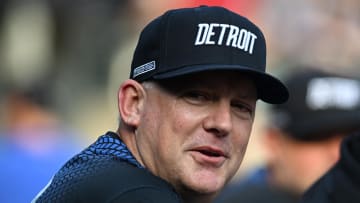 Jun 21, 2024; Detroit, Michigan, USA; Detroit Tigers manager A.J. Hinch (14) jokes around in the dugout before a game against the Chicago White Sox at Comerica Park