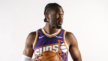 Sep 24, 2025; Phoenix, AZ, USA; Phoenix Suns center Mark Williams (15) poses for portrait during Media Day at PHX Arena. Mandatory Credit: Mark J. Rebilas-Imagn Images