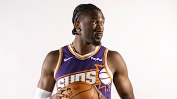 Sep 24, 2025; Phoenix, AZ, USA; Phoenix Suns center Mark Williams (15) poses for portrait during Media Day at PHX Arena. Mandatory Credit: Mark J. Rebilas-Imagn Images