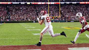 Oct 25, 2025; Columbia, South Carolina, USA; Alabama Crimson Tide tight end Josh Cuevas (80) catches a game-tying two-point conversion against the South Carolina Gamecocks in the fourth quarter at Williams-Brice Stadium. Mandatory Credit: Jeff Blake-Imagn Images