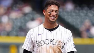 Aug 6, 2025; Denver, Colorado, USA; Colorado Rockies outfielder Tyler Freeman (2) reacts after a double in the fifth inning against the Toronto Blue Jays at Coors Field. 