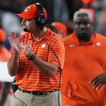 Dec 30, 2022; Miami Gardens, FL, USA; Clemson Tigers head coach Dabo Swinney gestures from the sideline during the second half of the 2022 Orange Bowl against the Tennessee Volunteers at Hard Rock Stadium.