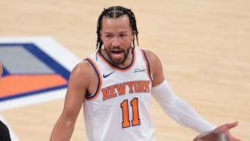 Oct 24, 2025; New York, New York, USA;  New York Knicks guard Jalen Brunson (11) reacts after being called for a foul during the fourth quarter against the Boston Celtics at Madison Square Garden. Mandatory Credit: Vincent Carchietta-Imagn Images