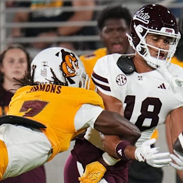 Arizona State defensive back Shamari Simmons (7) knocks a pass away from Mississippi State Bulldogs tight end Seydou Traore (18) at Mountain America Stadium on Sept. 7, 2024, in Tempe.