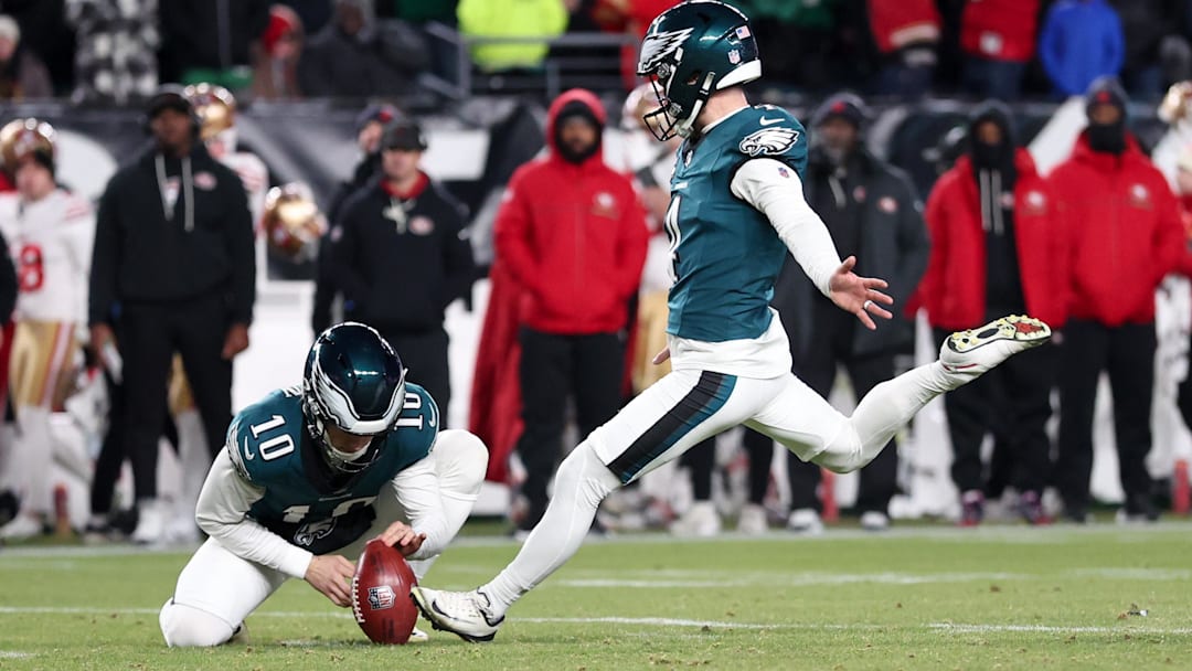 Jan 11, 2026; Philadelphia, PA, USA; Philadelphia Eagles place kicker Jake Elliott (4) kicks a field goal against the San Francisco 49ers during the fourth quarter in an NFC Wild Card Round game at Lincoln Financial Field.