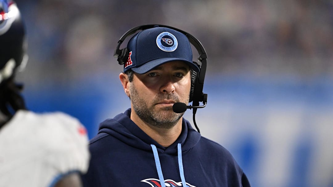 Oct 27, 2024; Detroit, Michigan, USA;  Tennessee Titans head coach Brian Callahan on the sidelines during their game against the Detroit Lions in the fourth quarter at Ford Field. Mandatory Credit: Lon Horwedel-Imagn Images