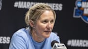 Mar 27, 2025; Birmingham, AL, USA; UNC Tar Heels head coach Courtney Banghart talks with the media before her team works out during practice day at Legacy Arena. Mandatory Credit: Vasha Hunt-Imagn Images