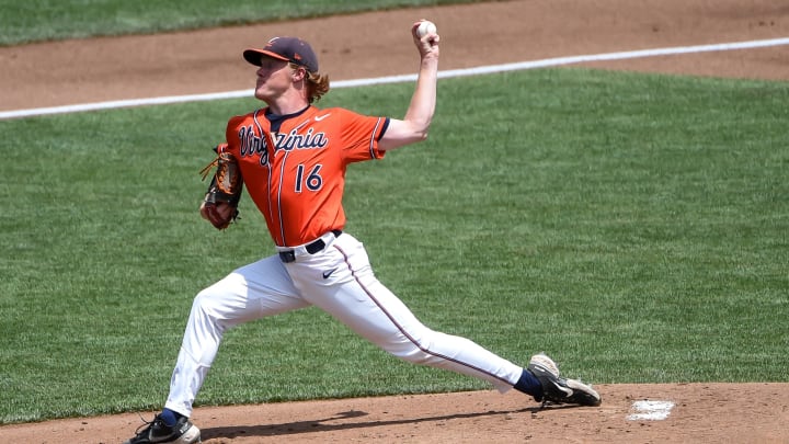 Virginia Cavaliers pitcher Andrew Abbott (16) pitches. Virginia Cavaliers pitcher Andrew Abbott (16) pitches.