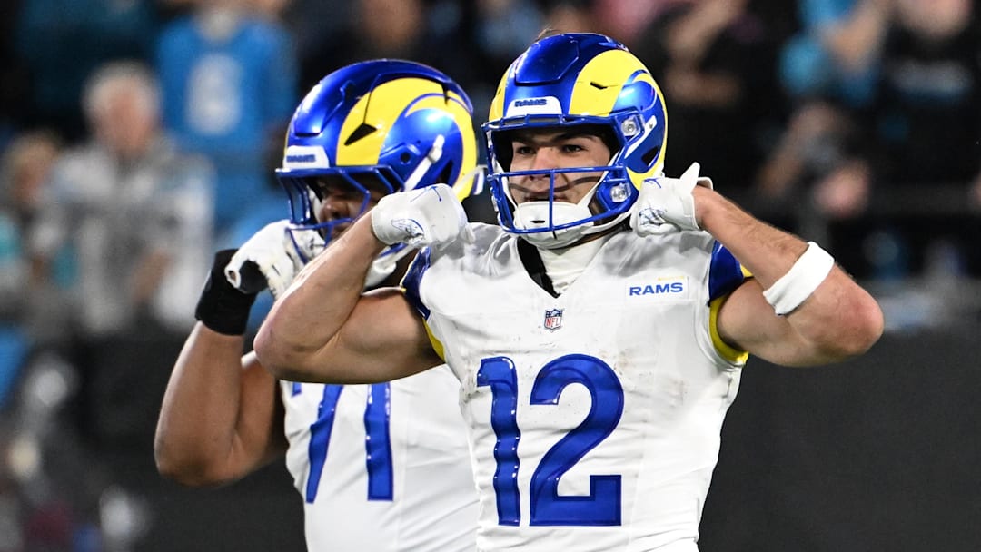 Jan 10, 2026; Charlotte, NC, USA; Los Angeles Rams wide receiver Puka Nacua (12) react in the fourth quarter in an NFC Wild Card Round game at Bank of America Stadium. Mandatory Credit: Bob Donnan-Imagn Images