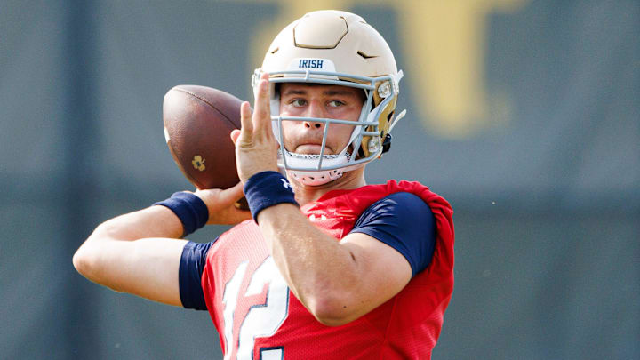 Notre Dame quarterback CJ Carr throws the ball during a Notre Dame football practice at Irish Athletic Center on Wednesday, July 31, 2024, in South Bend.