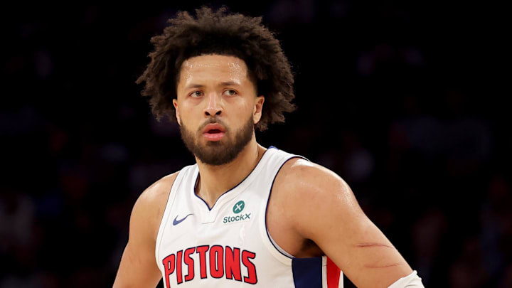 Apr 21, 2025; New York, New York, USA; Detroit Pistons guard Cade Cunningham (2) : Brad Penner-Imagn Images