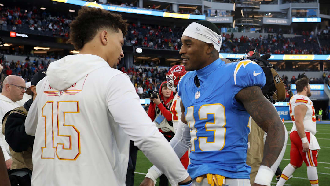 Jan 7, 2024; Inglewood, California, USA; Kansas City Chiefs quarterback Patrick Mahomes (15) greets Los Angeles Chargers cornerback Michael Davis (43) after the game at SoFi Stadium. Mandatory Credit: Kiyoshi Mio-Imagn Images