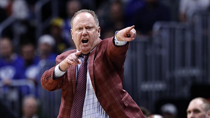 Mar 22, 2025; Denver, CO, USA; Wisconsin Badgers head coach Greg Gard reacts during the second half in the second round of the NCAA Tournament at Ball Arena. Mar 22, 2025; Denver, CO, USA; Wisconsin Badgers head coach Greg Gard reacts during the second half in the second round of the NCAA Tournament at Ball Arena.