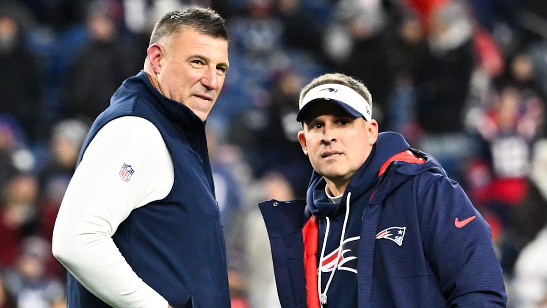 Jan 11, 2026; Foxborough, MA, USA; New England Patriots head coach Mike Vrabel and New England Patriots offensive coordinator Josh McDaniels Mandatory Credit: Eric Canha-Imagn Images